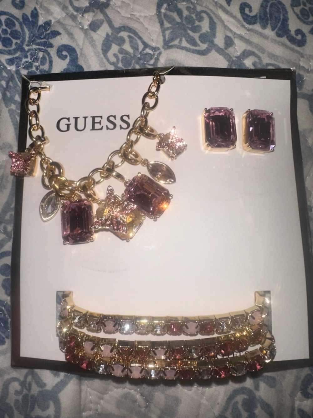 GUESS Gold-Tone Pink Crystal Charm Necklace & Earrings Set